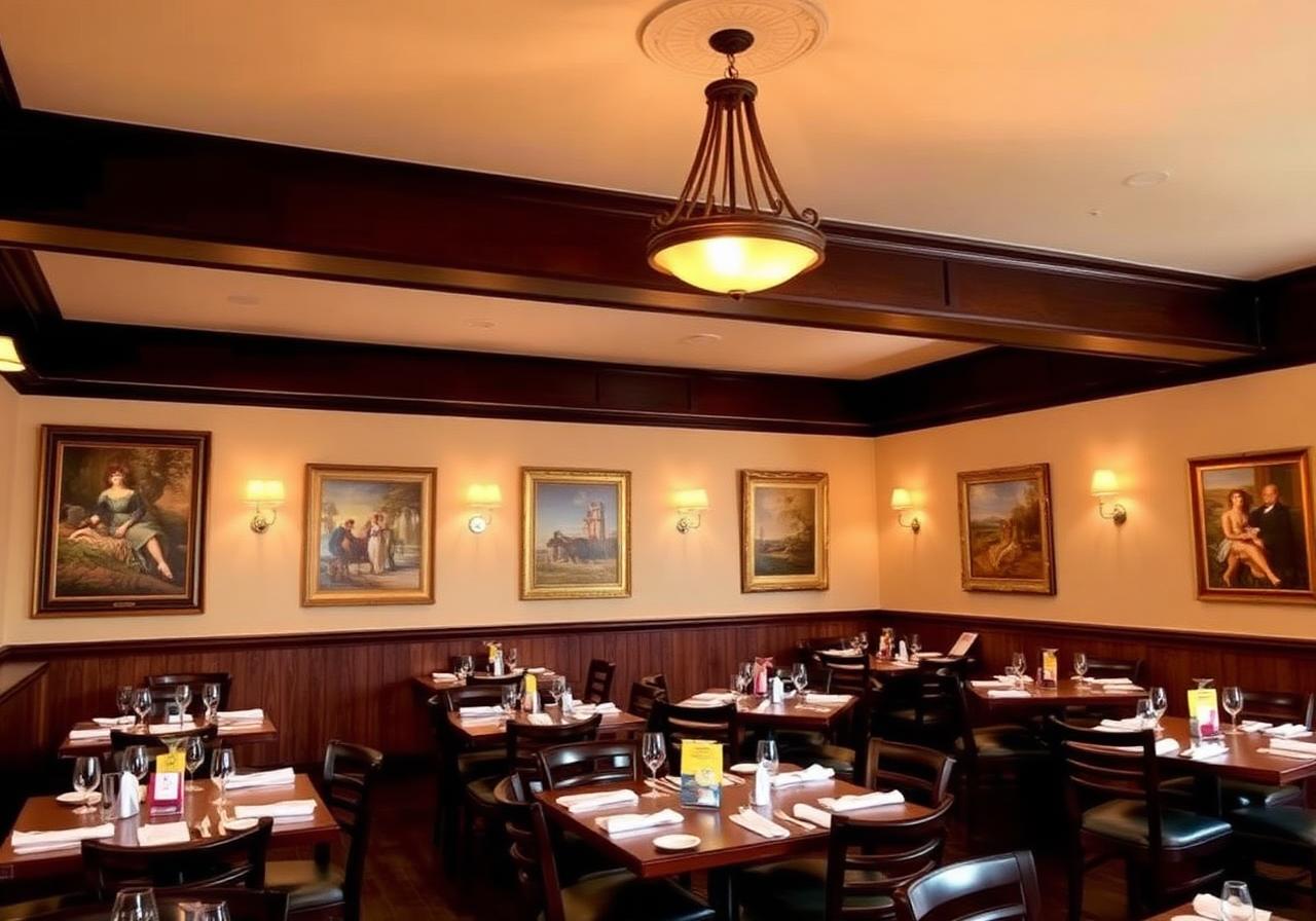 Pop Bellies dining room with framed art and warm lighting